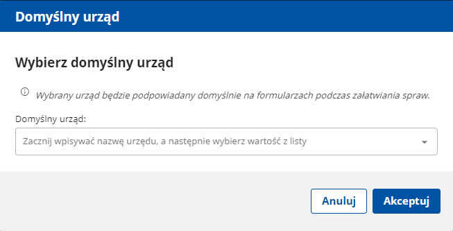 Okno wyboru domyślnego urzędu