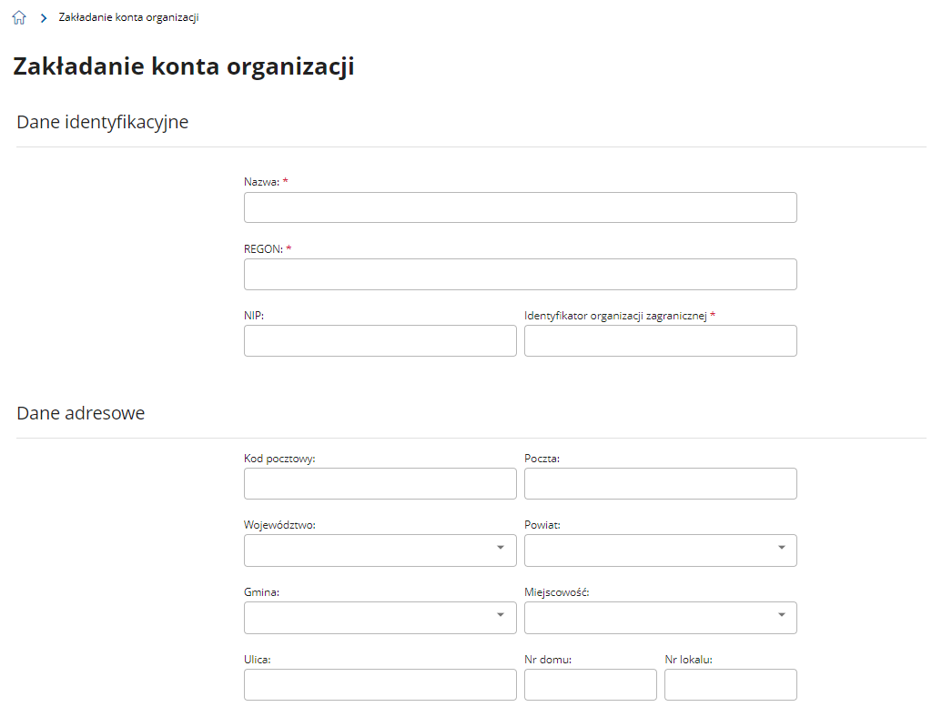 Zakładanie konta organizacji - uzupełnienie danych