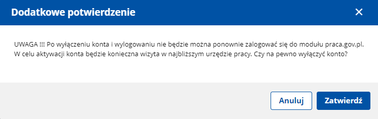 Dodatkowe potwierdzenie wyłącznia konta