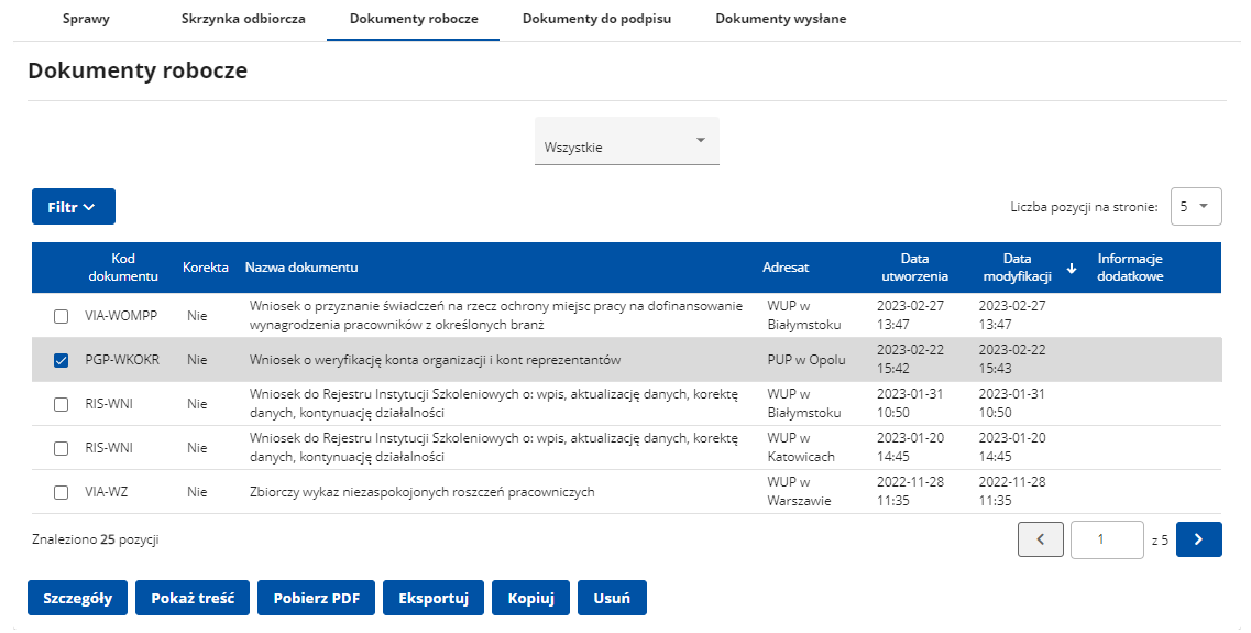 Lista dokumentów roboczych