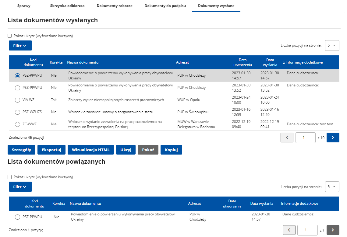 Lista dokumentów wysłanych